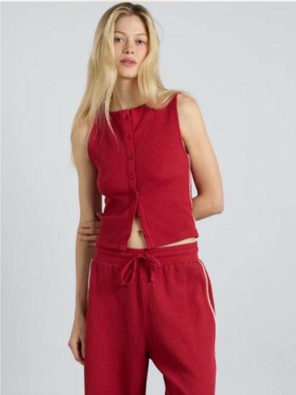 Damson Madder Red Waffle Button Down Lace Trim Tank